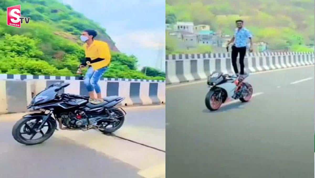 చేతిలో తుపాకీతో.. దుర్గగుడి ఫ్లైఓవర్‌పై రేసింగ్‌ విన్యాసాలు!