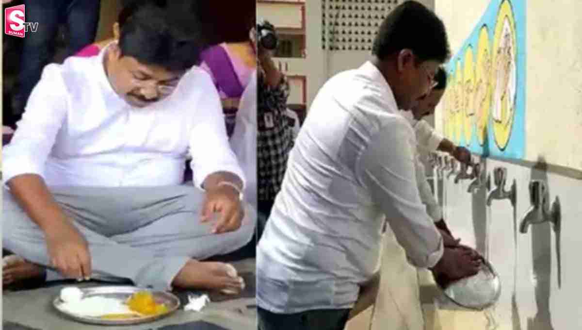విద్యార్థినులతో కలిసి భోజనం చేసి.. తిన్న ప్లేటు కడిగిన మంత్రి!