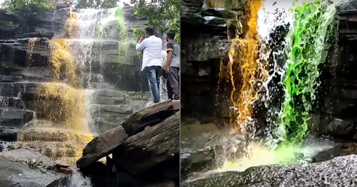 వీడియో: జెండా రంగులో జాలు వారుతున్న జలపాతం.. అబ్బుర పరుస్తున్న దృశ్యం!
