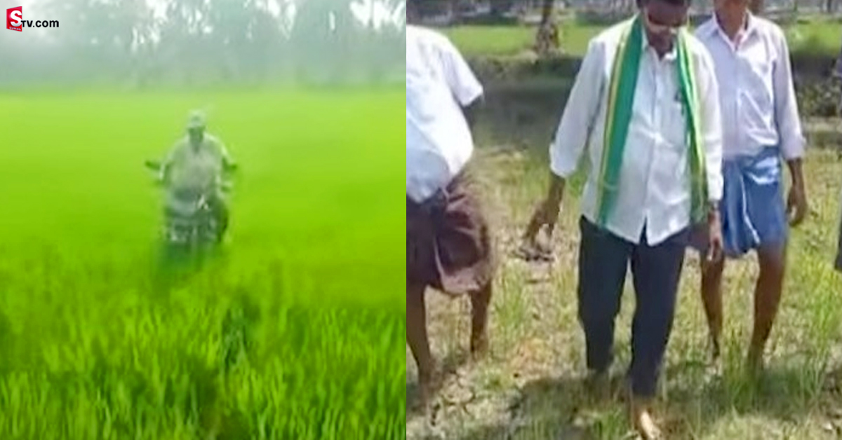 రైతు వినూత్న నిరసన.. వరి పొలంలో బైక్‌పై