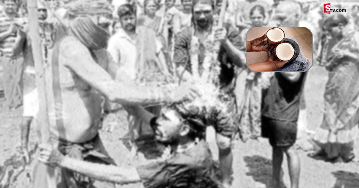 బాబోయ్ ఇదేమి ఆచారం.. భక్తుల తలపై కొబ్బరికాయలు కొడుతున్న పూజారి!..